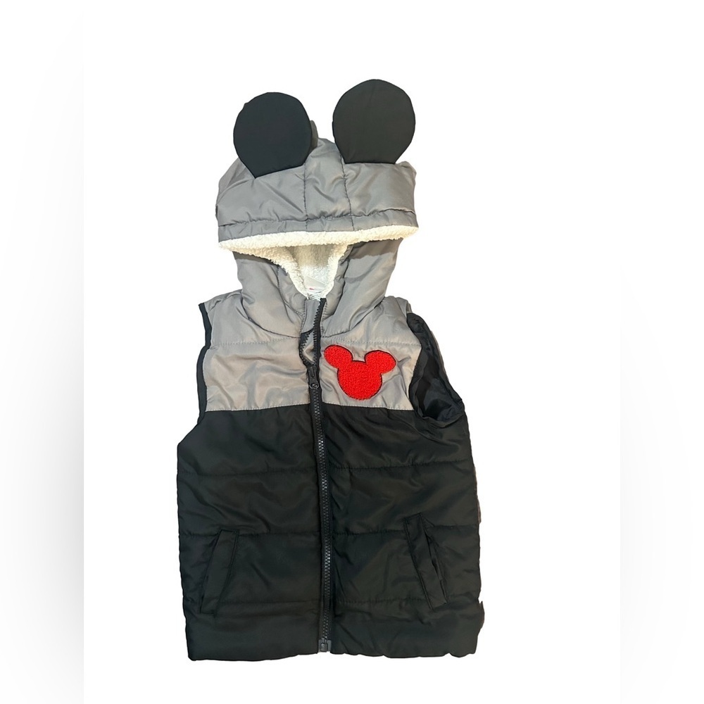 Disney Mickey Mouse Quilted Puffer Vest Sherpa Lined Hood Ears Full Zip Boys‎ 4T